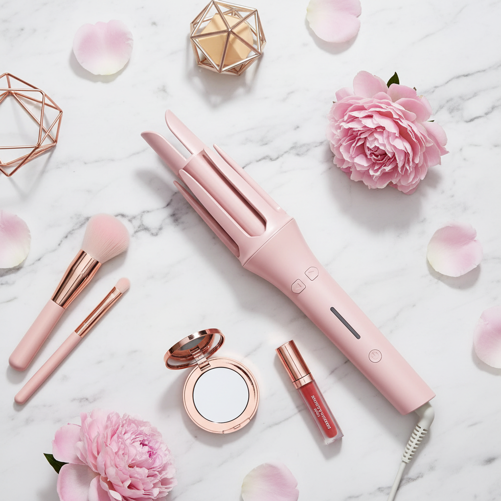 Elegant flat lay of triple-barrel curling iron with beauty accessories