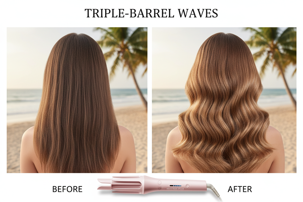 Before and after hair transformation showing beautiful waves created with curling iron